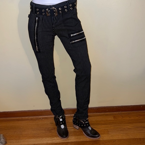 Classic Royal Bones black and white unisex pinstripe pants with zippers - Picture 3 of 9